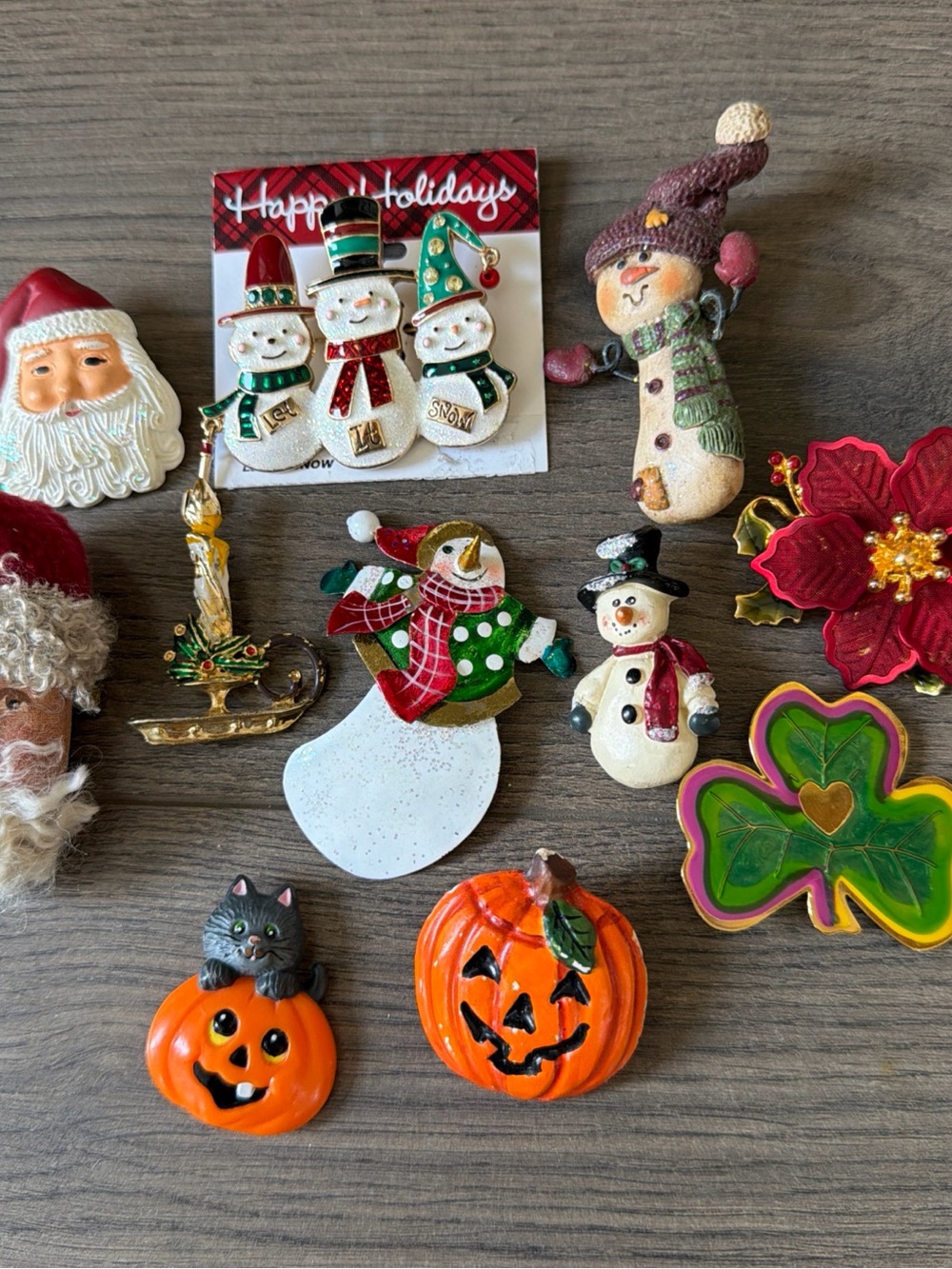 11 piece Holiday Mixed Pin Lot Snowmen, Resin Santa, Russ Pumpkin Vintage